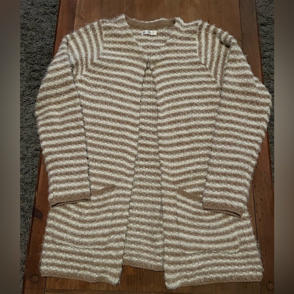 Janice Apparel Tan Striped Longline Eyelash Cardigan - Picture 2 of 3
